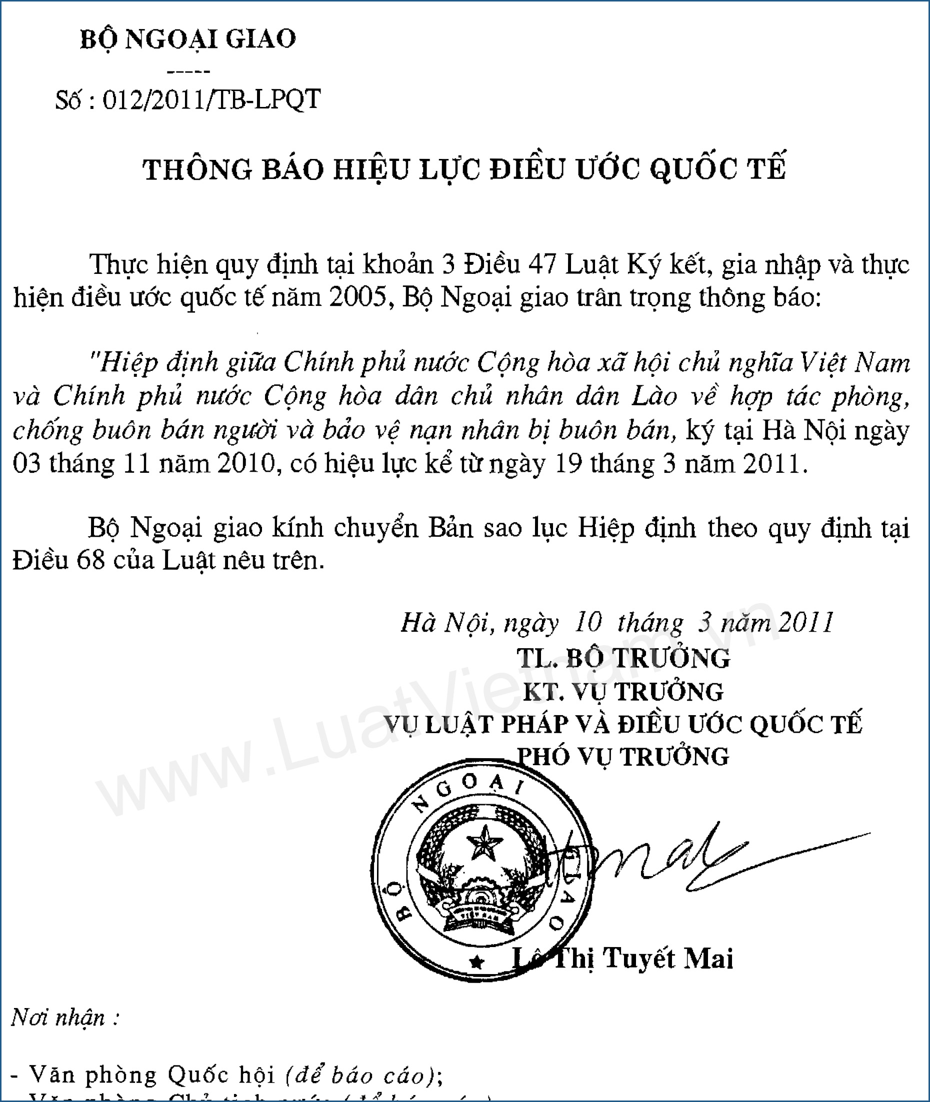 Hiệp định giữa Việt Nam và Lào về hợp tác phòng, chống buôn bán người và bảo vệ nạn nhân bị buôn bán